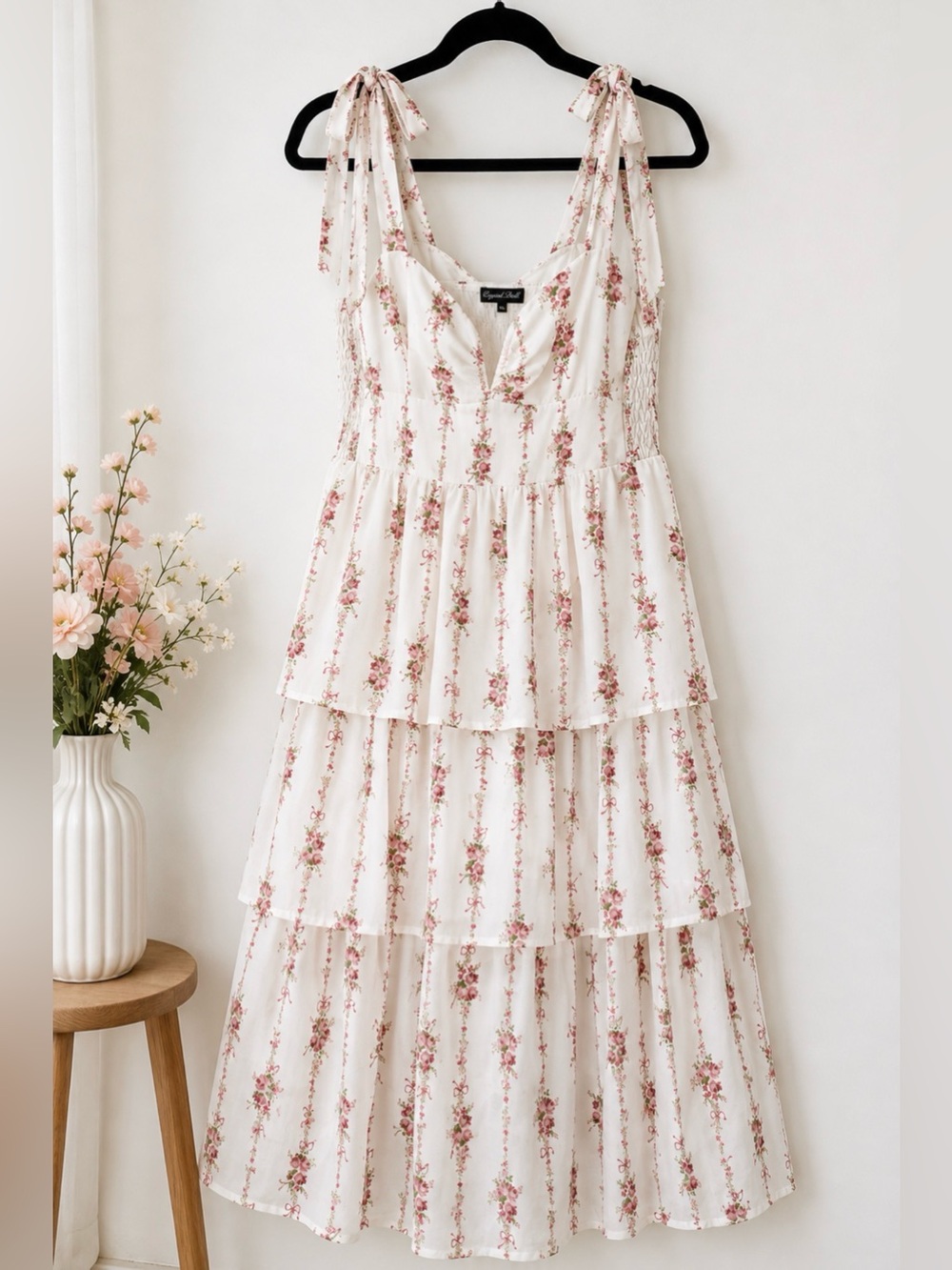 Crystal Doll White Maxi Dress with Pink Floral Print